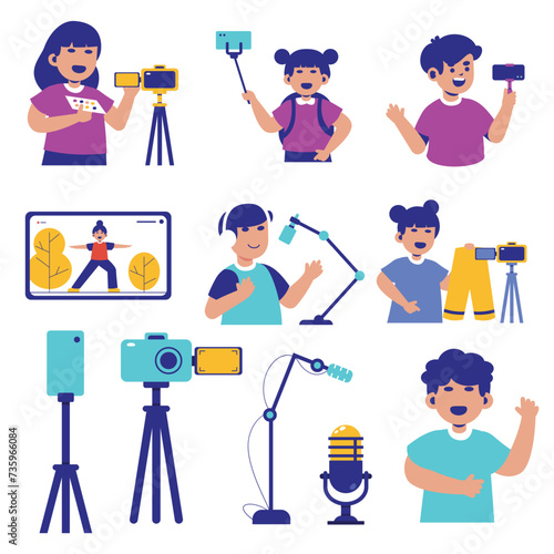 An array of flat design icons depicting various content creators and their vlogging equipment.