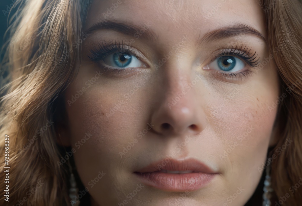 Close-up macro portrait of a female face. A woman with open blue eyes and daytime cosmetic makeup. A girl with perfect skin and freckles. Close-up macro portrait of a female face. A woman with open blue eyes and daytime cosmetic makeup. A girl with perfect skin and freckles.