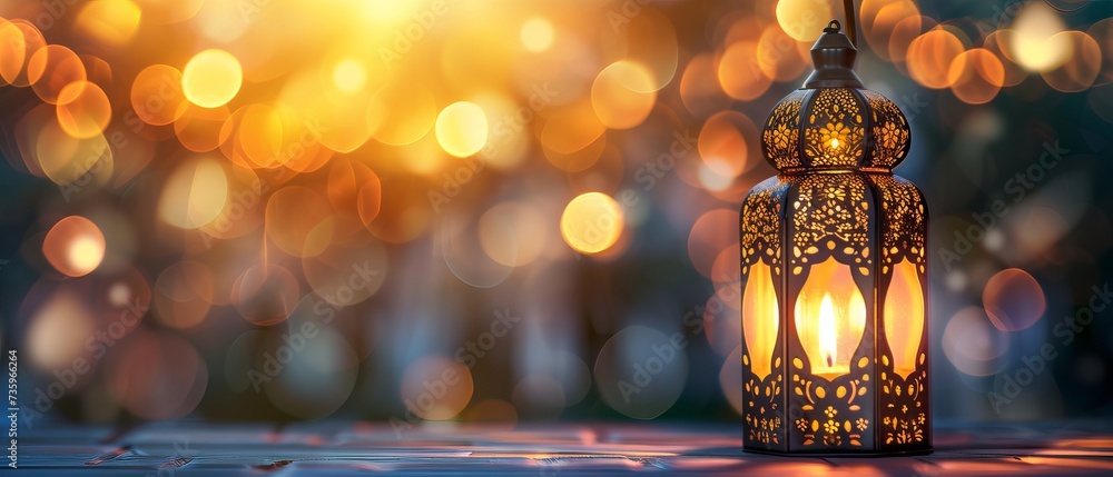 Vintage Ramadan lantern illuminating the night sky with stars and blurred background with copy space