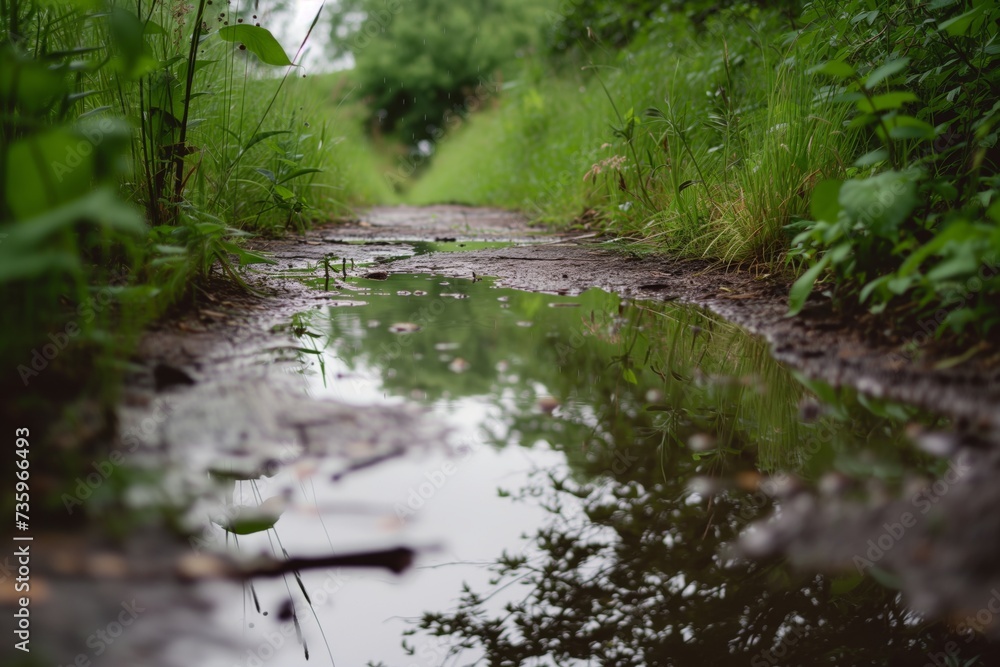 Fototapeta premium reflective puddles on path after rain, with softfocus vegetation beyond