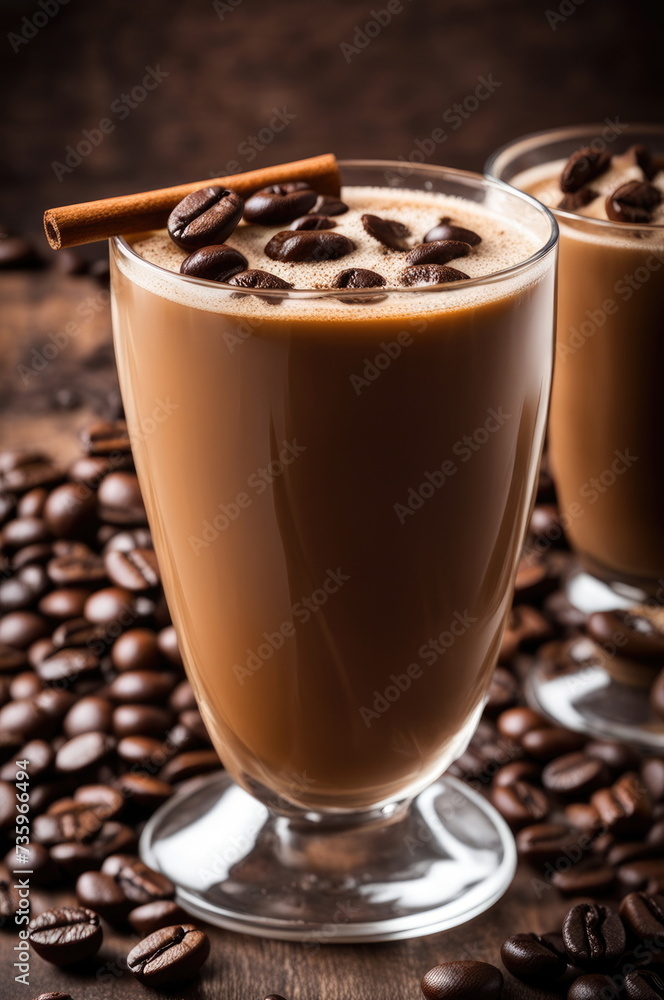 Whipped Cream Topped Coffee in Tall Glass with Cinnamon and Coffee Beans Whipped Cream Topped Coffee in Tall Glass with Cinnamon and Coffee Beans