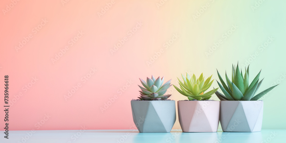 Little succulent plants in modern geometric concrete planters on pastel background. Scandinavian room interior decoration.