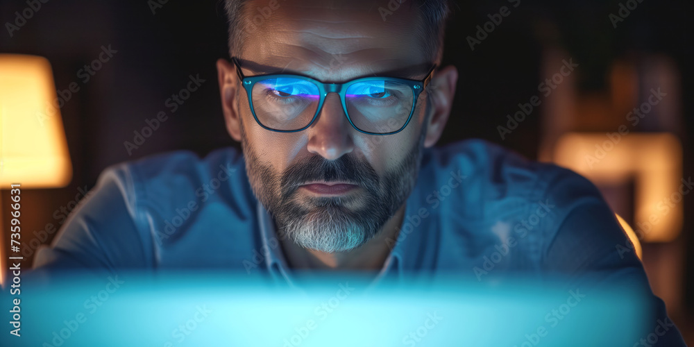 Focused man wearing glasses looking at laptop at night. Screen light reflecting in man's glasses. Working late at evening. Focused man wearing glasses looking at laptop at night. Screen light reflecting in man's glasses. Working late at evening.