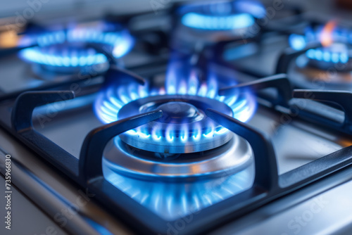 Kitchen gas stove burner with blue flame. Gas cooker with burning flames of propane gas. Global gas crisis and price rise. photo