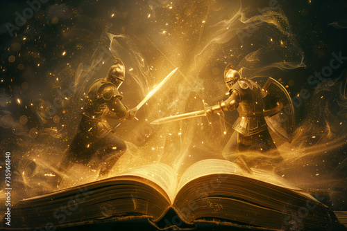 Fairytale book about mystical creatures and magical adventures. Two knights made of light particles fighting above the pages of fantasy story. Encouraging kids to read books.