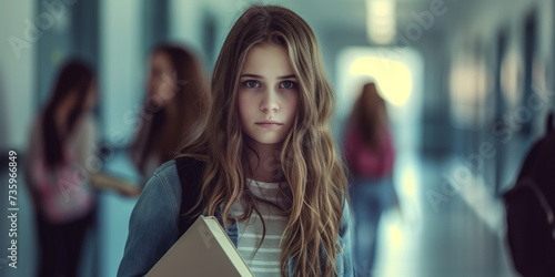 Sad teenage girl standing in a school hallway. Teen student showing signs of depression, stress, and anxiety. Anti-bullying week concept. photo