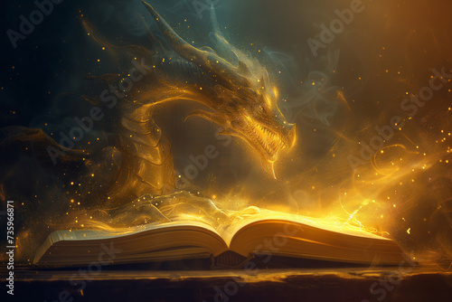 Fairytale book about mystical creatures and magical adventures. Golden dragon made of light particles floating above the pages of fantasy story. Encouraging kids to read books.