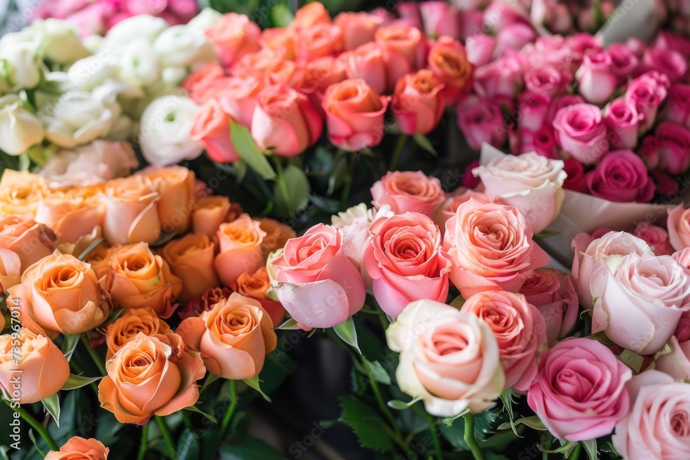 Assorted colorful roses in pink, peach, and white hues at a flower market.