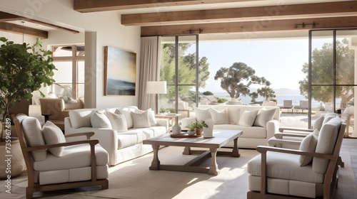 beautiful small space casual living family room soft neutral wood beams and a gorgeous grouping of swivel color fabric chairs around a striking coffee table coastal design nature freshness home