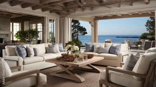 beautiful small space casual living family room soft neutral wood beams and a gorgeous grouping of swivel color fabric chairs around a striking coffee table coastal design nature freshness home