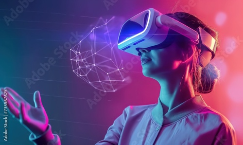 Metaverse technology concept. Woman with VR virtual reality goggles. Futuristic lifestyle. 