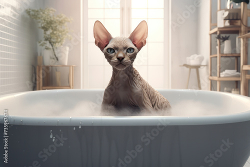 Cute kitten with fluffy white fur sitting on a clean brown sink, staring with adorable eyes in a funny and adorable way against a purebred abyssinian cat background photo