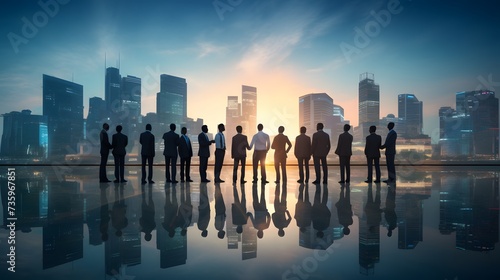 business partnership agreement ideas concept group of silhouette business teamwork standing together with background of downtown urban city office building background multi exposure © Ziyan