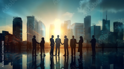 business partnership agreement ideas concept group of silhouette business teamwork standing together with background of downtown urban city office building background multi exposure photo