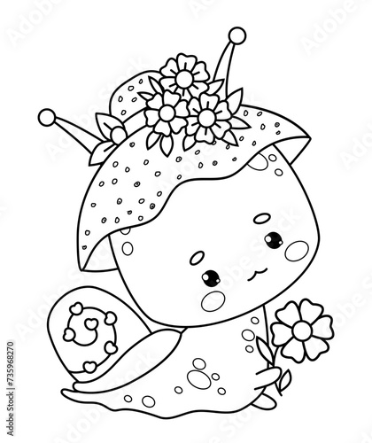 Cute snail girl in hat with flowers. Funny insect kawaii character. Line drawing, coloring book. Kids collection. Vector illustration.