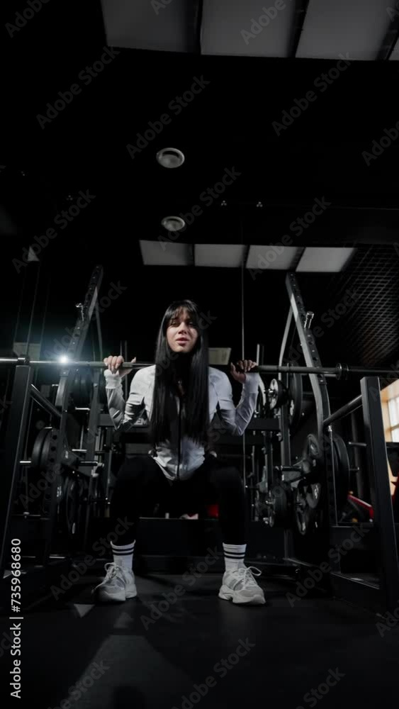 Determined Woman Executing Barbell Squats in Fitness Center. Focused female performing barbell squats at a well-equipped gym. Determined Woman Executing Barbell Squats in Fitness Center. Focused female performing barbell squats at a well-equipped gym.