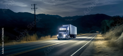 White semi truck on rural road at night with mountains