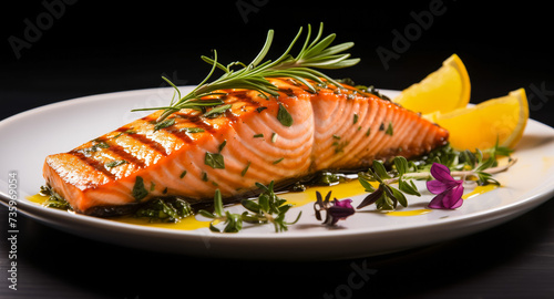 Grilled salmon fillet with lemon and fresh herbs on plate