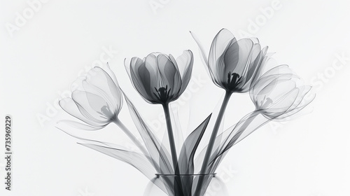 Aesthetic botanical x-ray of tulips in a vase. Harmonious forms. Minimalism concept. Light color palette. Generative AI