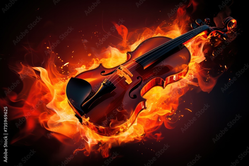 burning violin on fire isolated on black. Passion for music, live concert flyer poster template.