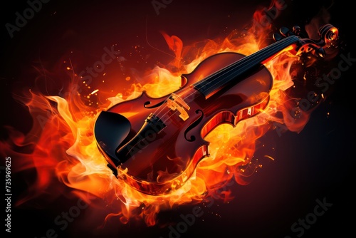 burning violin on fire isolated on black. Passion for music, live concert flyer poster template.