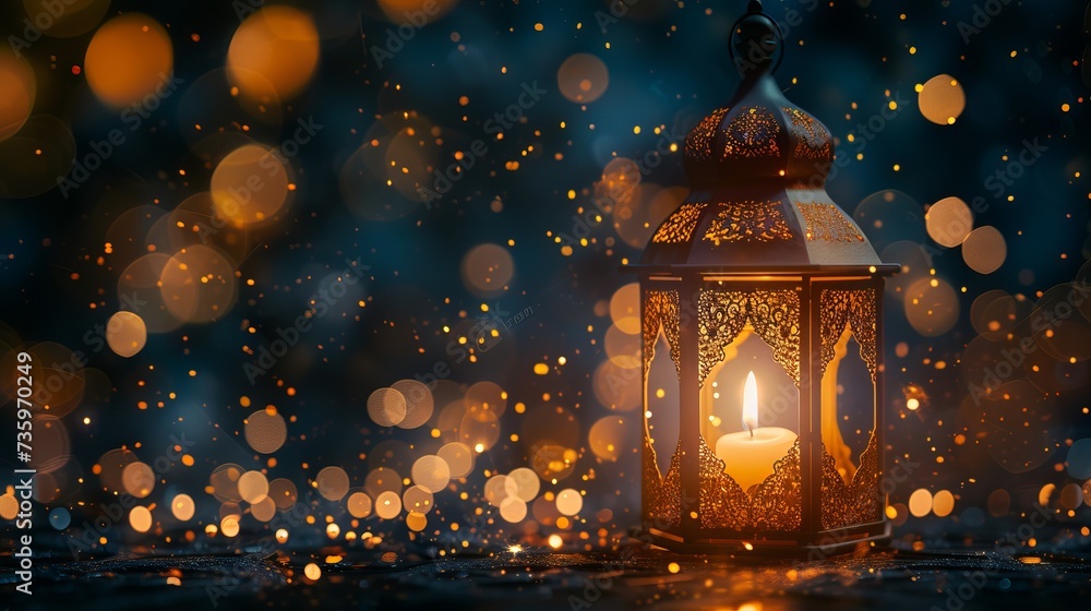 Candlelit Arabic lantern and golden bokeh lights on dark background for Ramadan Kareem greeting card Candlelit Arabic lantern and golden bokeh lights on dark background for Ramadan Kareem greeting card