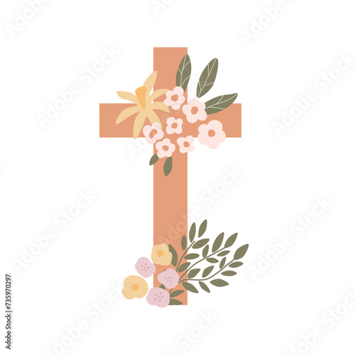 Easter floral cross isolated element on white. Vector religious Christian symbol of wooden cross decorated tiny flowers