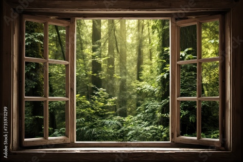 green forest view from old wooden window in rustic house. harmony with nature. Abandoned place.