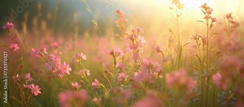 Beautiful field of pink flowers with sun shining in the background, nature landscape © 2rogan