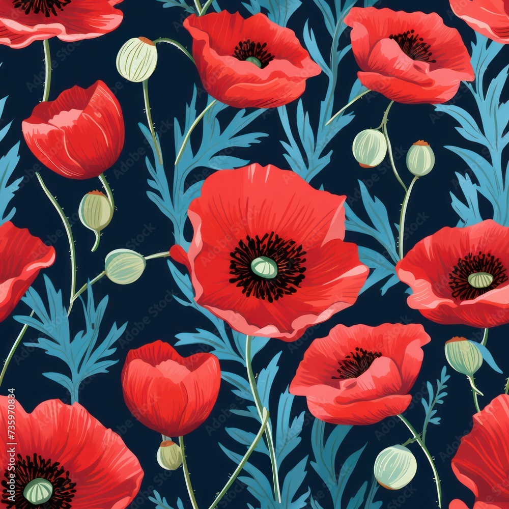 poppy red flowers floral seamless background. Botanical illustration. Textile, fabric print.
