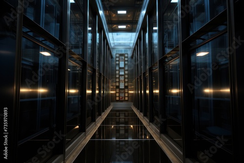 skyscraper building elevator shaft corridor. Grunge dark architecture background. photo