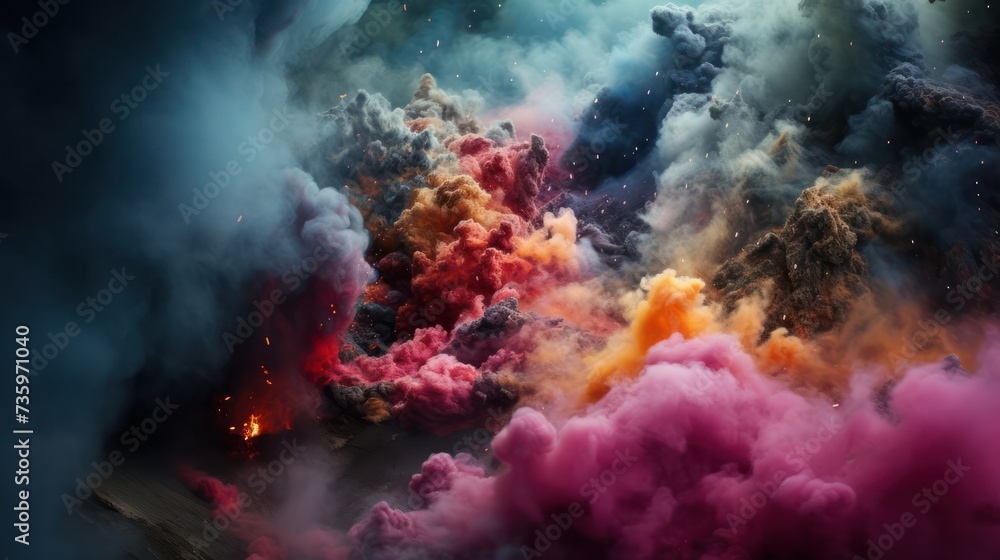 pink and orange smoke, fire and sparkles closeup from volcano eruption banner pink and orange smoke, fire and sparkles closeup from volcano eruption banner
