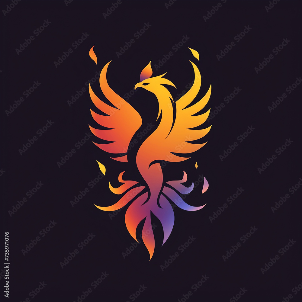 Flat vector logo of a stylized phoenix rising from flames Flat vector logo of a stylized phoenix rising from flames