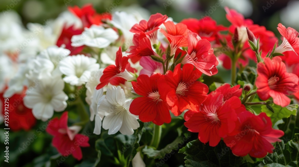 Red and white geranium flowers with green leaves.