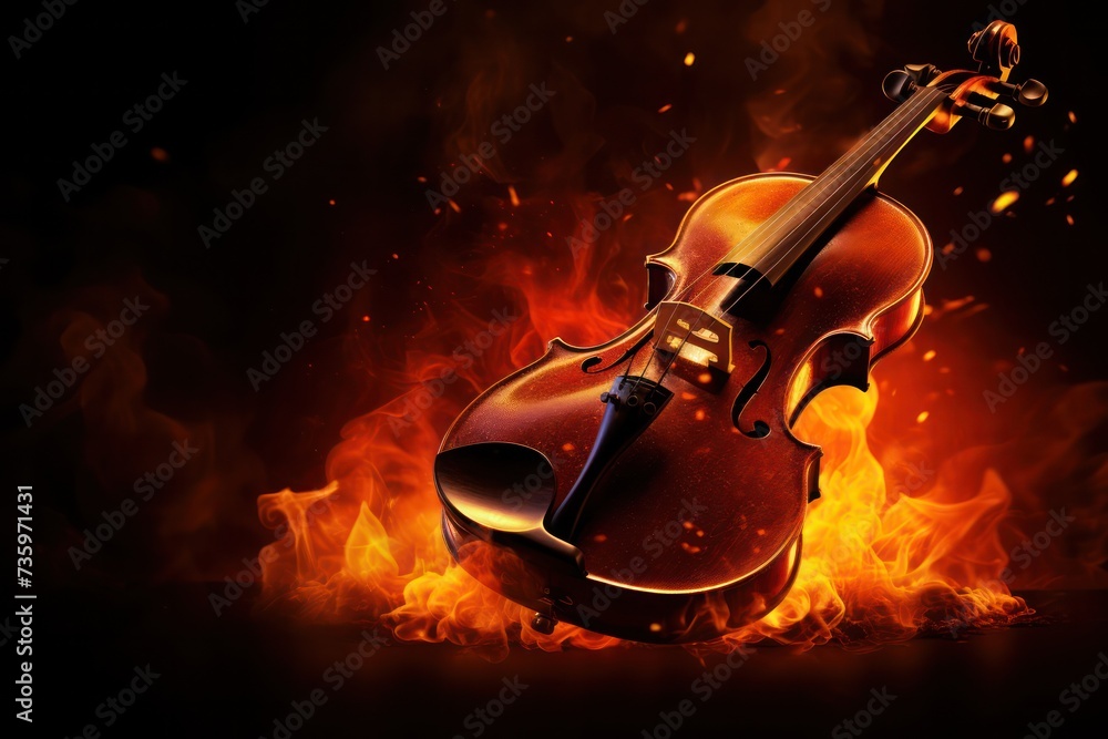 burning violin on fire isolated on black. Passion for music, live concert flyer poster template.