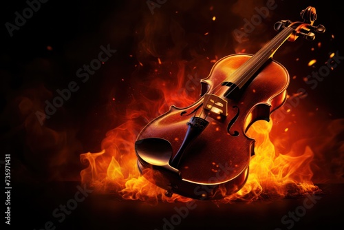 burning violin on fire isolated on black. Passion for music, live concert flyer poster template.