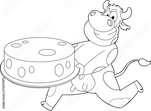 Outlined Smiling Cow Cartoon Character Running With Round Cheese. Vector Hand Drawn Illustration Isolated On Transparent Background