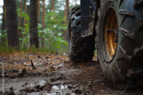 closeup of an atvs muddy wheel in the forest