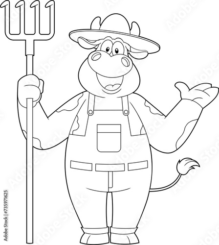 Outlined Happy Cow Farmer Cartoon Character Holding A Rake. Vector Hand Drawn Illustration Isolated On Transparent Background