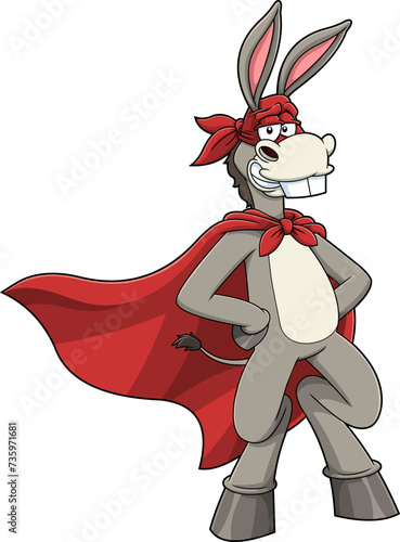 Donkey SuperHero Cartoon Character. Vector Hand Drawn Illustration Isolated On Transparent Background