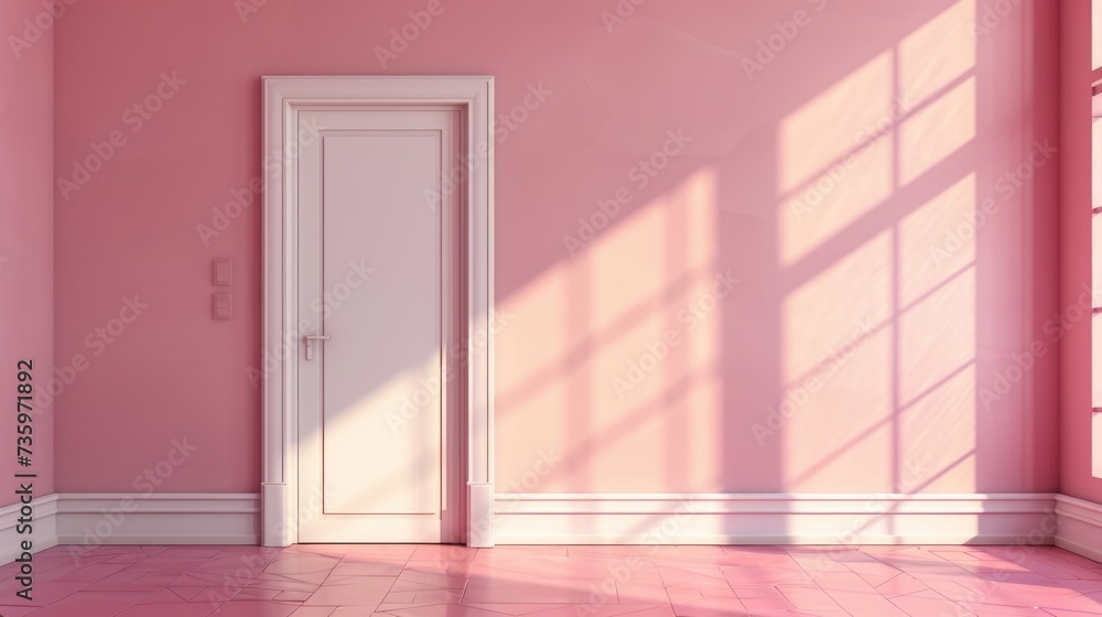 Minimalist interior with pink walls, door, and shadow play