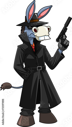 Donkey Spy Secret Agent Cartoon Character Holding A  Gun. Vector Hand Drawn Illustration Isolated On Transparent Background