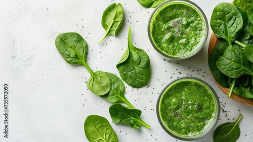 Green spinach smoothies in glass cups with fresh leaves.