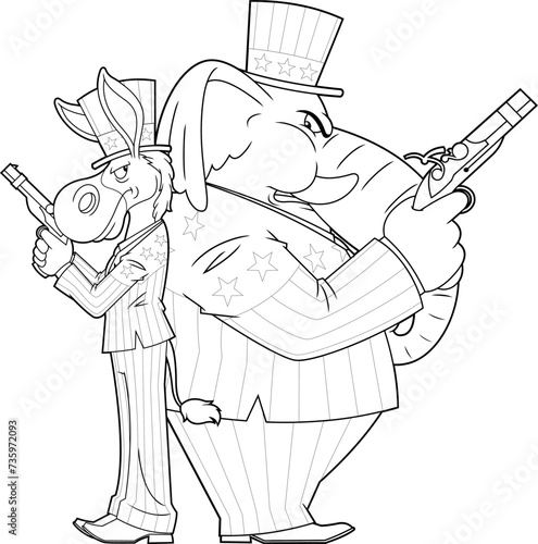 Outlined Democrat Donkey vs Republican Elephant Cartoon Characters Hold Pistols In A Duel. Vector Hand Drawn Illustration Isolated On Transparent Background