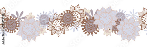 Vector drawing, a strip of flowers and leaves, isolated floral elements on a white background, hand-drawn illustration of a botanist.