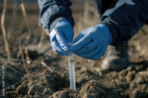 Environmental scientist collecting soil samples in a test tube. photo