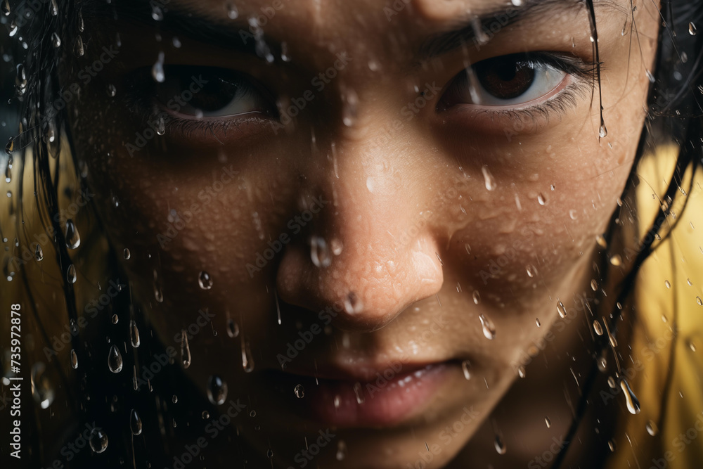 Asian woman under the rain with drops in the face Asian woman under the rain with drops in the face