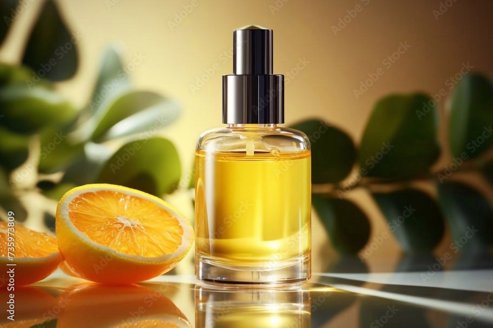 Glass cosmetic bottle with pipette. Moisturizing cosmetics essence oil or facial serum yellow color (collagen, citrus, vitamin C). Skin treatment and face care, mockup, beauty product and spa concept Glass cosmetic bottle with pipette. Moisturizing cosmetics essence oil or facial serum yellow color (collagen, citrus, vitamin C). Skin treatment and face care, mockup, beauty product and spa concept