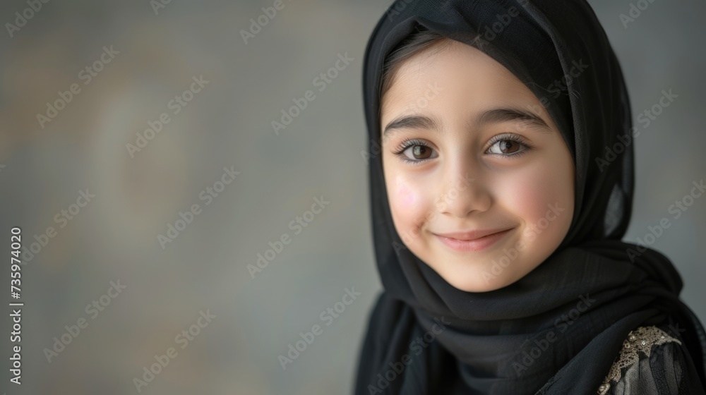 Portrait of a smiling young girl wearing a black hijab. Portrait of a smiling young girl wearing a black hijab.