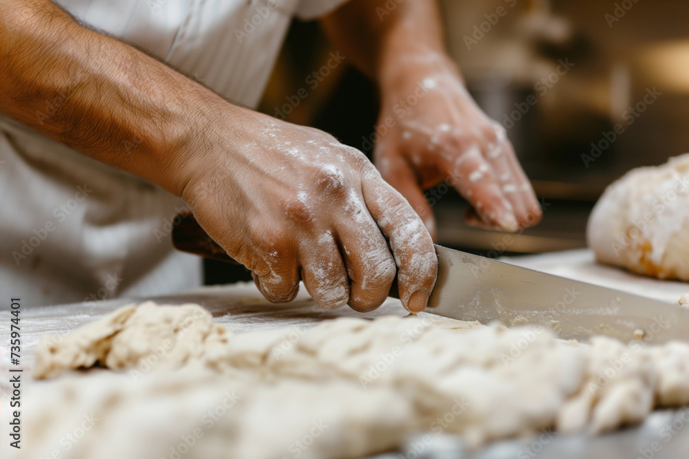 closeup of bakers hands cutting dough with knife